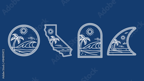 California Beach Icons Set with Palm Trees and Surfing Waves