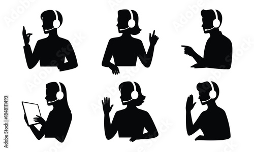 Customer Support Team Silhouette Using Headsets and Laptops