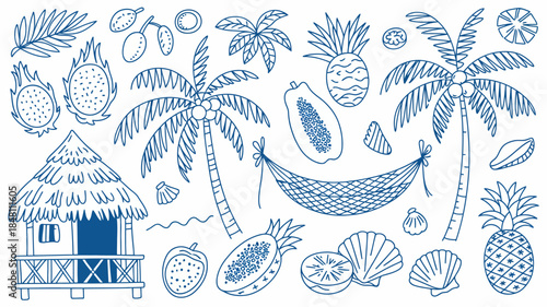 Tropical Island Getaway with Palm Trees, Hammock, and Exotic Fruits