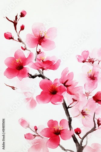 A vibrant watercolor illustration of pink cherry blossoms on a delicate branch, perfect for home decor, spring themes, or invitations, evoking beauty and grace in any design project,