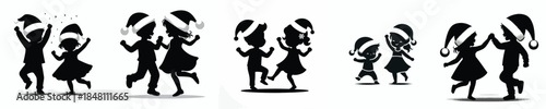 vector silhouette of little boy and little girl dancing happily on christmas