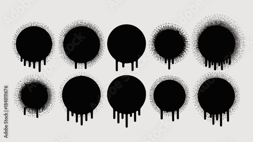 Black Graffiti Circles with Drips and Halos on White Background