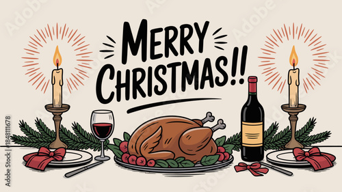 Festive Christmas Dinner Table Setting with Roasted Turkey and Wine