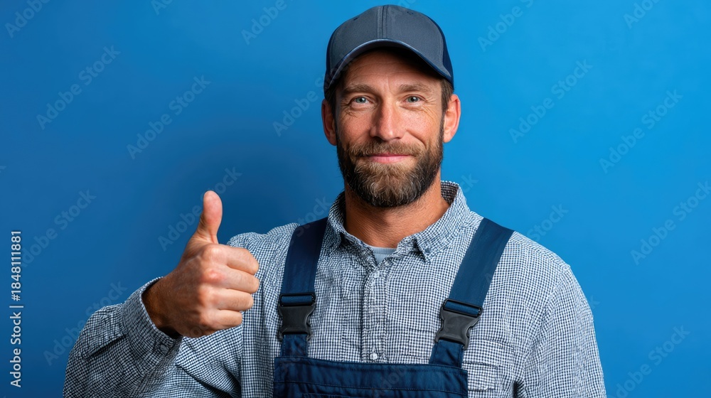 Naklejka premium Smiling Bearded Worker in Overalls Showing Thumbs Up on Blue Background