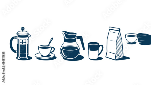 Coffee Essentials Illustration: French Press, Cups, and Carafe on White Background