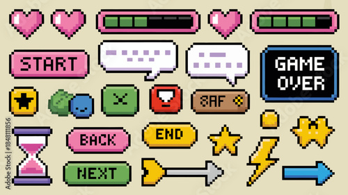 Pixel Art Game Icons Set, Colorful Retro Elements for Video Games