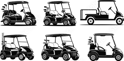 Golf cart silhouette illustration set showing various sport, utility and passenger cart designs for transportation, mobility and vehicle vector design
