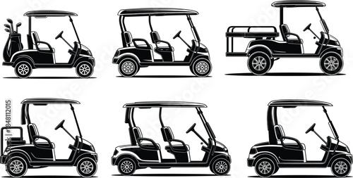 Golf cart silhouette illustration set showing various utility, passenger and recreational cart designs for transportation, sport and vehicle vector design