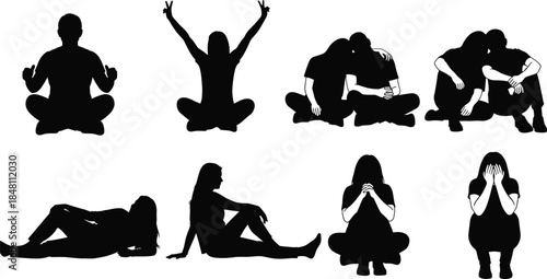 People sitting silhouette illustration set showing emotional poses, relaxation, meditation, comfort and human interaction in simple black vector design