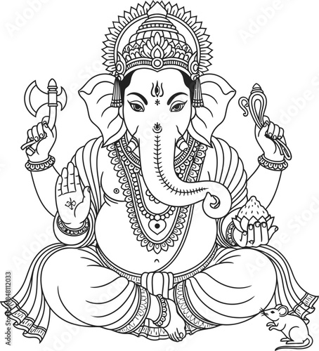 Ganesha Line Art Illustration – Hindu God of Wisdom & Prosperity for Coloring, Design & Spiritual Decor
