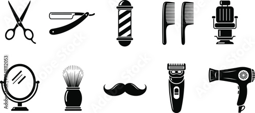 Barber shop tools silhouette illustration set showing grooming equipment, hairdressing accessories and classic barbershop symbols in simple black vector design