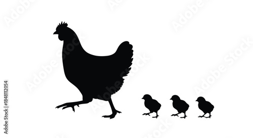 A silhouette of a hen leading her three chicks in a line