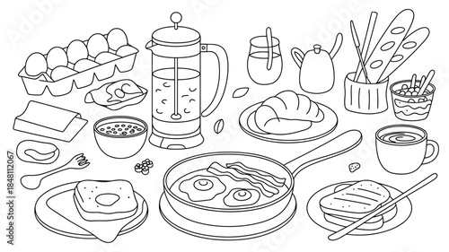 Breakfast Food and Drink Items Line Drawing Illustration
