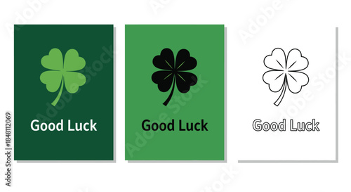 Three depictions of a clover with the phrase good luck underneath