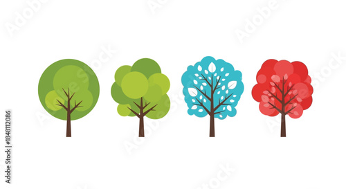 Four stylized trees in different seasonal colors representing nature s cycle