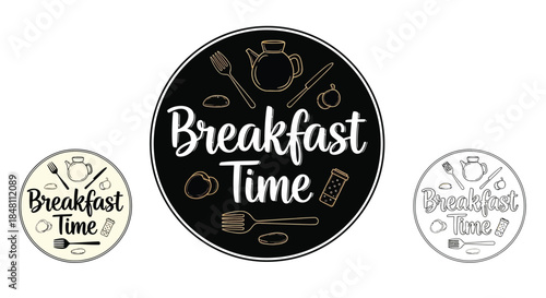 Chalkboard illustration of breakfast themed designs with utensils and lettering