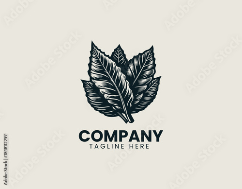 Vintage tobacco leaves are illustrated as a classic botanical emblem in a refined black vector logo illustration