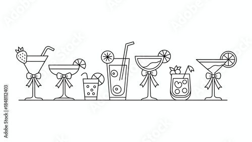 Line art illustration of various cocktails with garnishes and bows