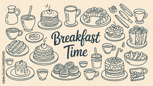 Breakfast Time Illustration with Various Food and Drink Items