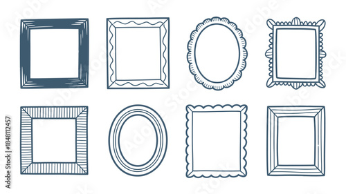 Hand-drawn picture frame designs, various shapes and styles, blank white interiors.