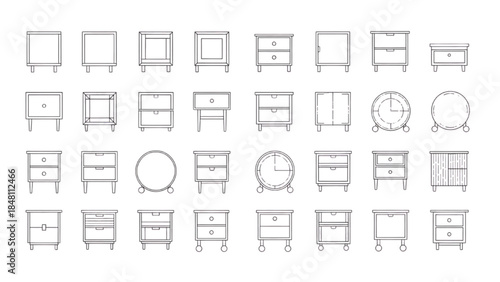 Collection of Outline Bedside Tables and Nightstands Icon Set for Interior Design and Home Decor Graphics