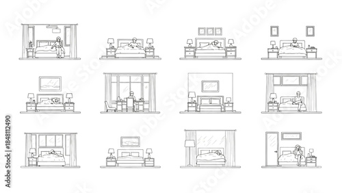 Minimalist Line Art Depicting Diverse Bedroom Scenarios, Capturing Serene Daily Routines and Intimate Home Experiences