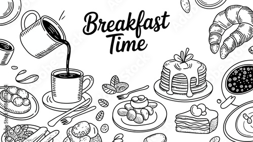 Breakfast Time Illustration with Coffee, Pancakes, and Pastries