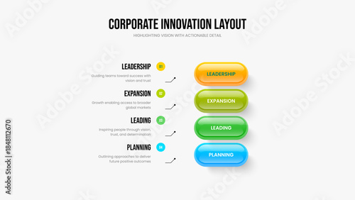 Company Performance Frame Layout Vector Illustration. Market Development 4 Option Diagram Slideshow Template. Modern Introduction Four Element Infographic Presentation Design.