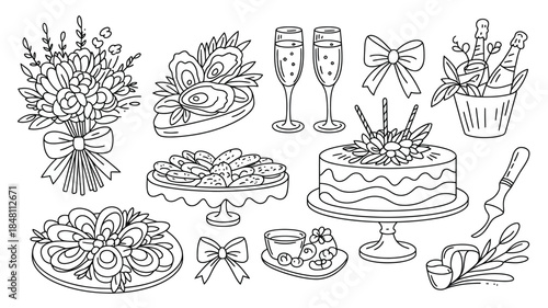 Wedding Celebration Elements, Line Art Illustrations of Food, Drinks, and Decorations