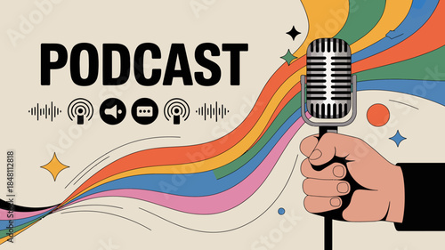 Podcast Concept with Colorful Rainbow Background and Hand Holding Microphone