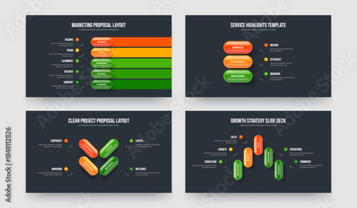 Consulting Planning Five Three Four Element Diagram Frame Design Vector Illustration Collection. Company Showcase 5 3 4 Option Infographic Presentation Template Bundle.