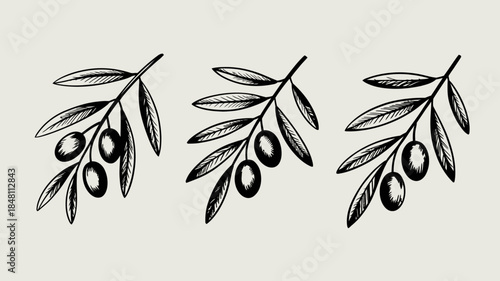 Olive Branches with Leaves and Fruits, Black and White Illustration