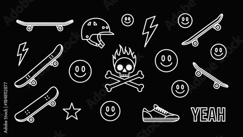 Skateboarding Icons and Symbols on Black Background