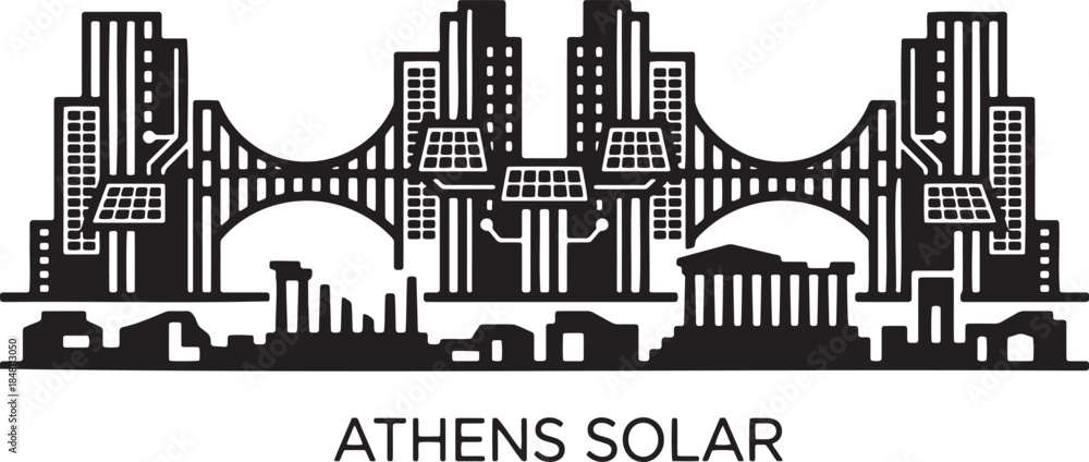 Obraz premium Athens solar grid cityscape with ancient ruins and modern buildings vector