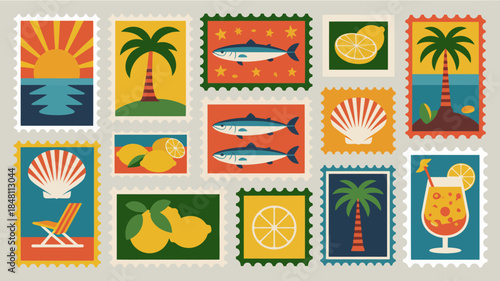 Colorful Beach Postage Stamps with Tropical Icons and Summer Symbols