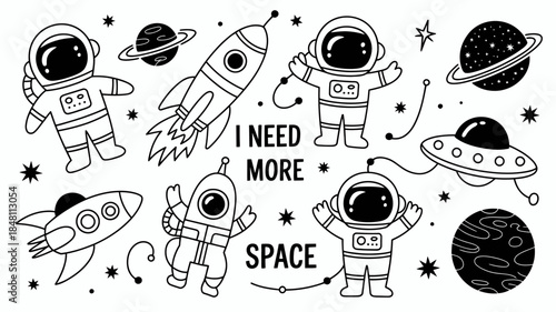 Astronauts in Space with Rockets and Planets, Cartoon Illustration
