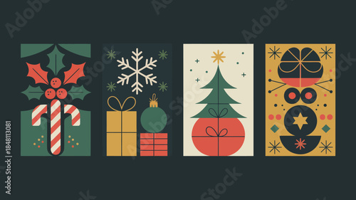 Christmas icons and symbols in a modern minimalist style, festive holiday graphics.
