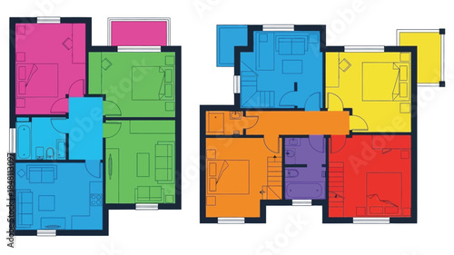 Colorful architectural floor plans depicting various apartment layouts and room arrangements