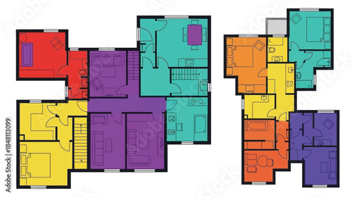 Colorful row of townhouses with distinct layouts and architectural designs