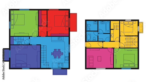 Colorful architectural floor plans displaying room layouts and interior structure designs