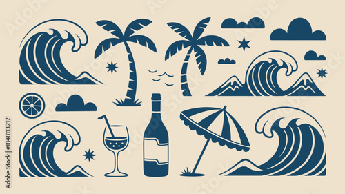 Tropical Summer Vacation Icons Set with Waves, Palms, and Drinks