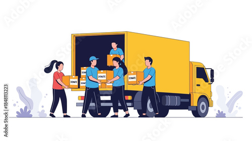 People loading cardboard boxes into a yellow delivery truck illustration