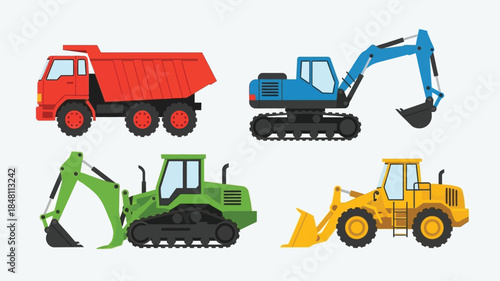 Colorful cartoon construction vehicles including trucks excavators and loaders