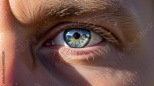 Detailed Macro Shot of a Human Eye Reflecting Sunlight.