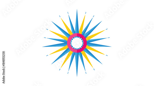 A vibrant starburst design with concentric circles and radiating triangular spikes