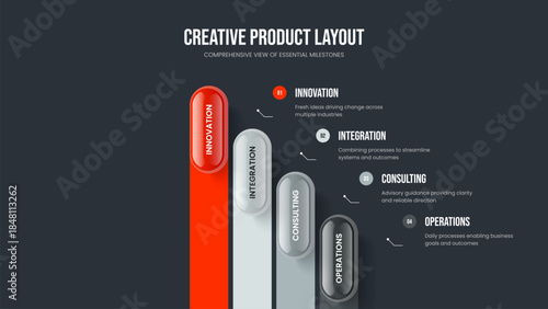 Professional Innovation Four Step Infographic Slideshow Template. Marketing Plan 4 Option Diagram Slide Layout. Modern Analysis Frame Design Vector Illustration.
