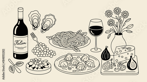 Italian Food and Wine Illustration with Fresh Flowers