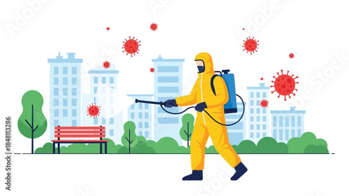A worker in a hazmat suit sprays disinfectant in a city landscape