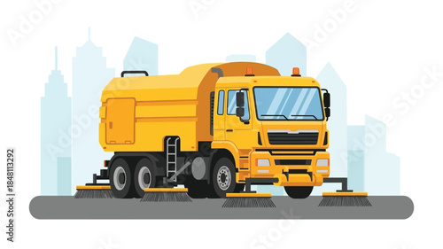 A bright yellow street sweeper truck positioned in front of a city skyline