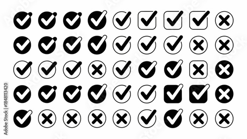 Checkmark and Cross Icons Set in Black and White